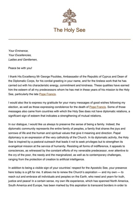 Pope Leo XIV message on Peace to the Corps Diplomatique
