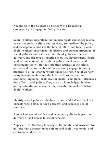 According to the Council on Social Work Education, Competency 5.docx