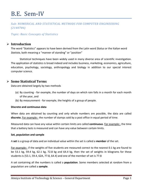 Basic Concepts of Statistics - Lecture Notes