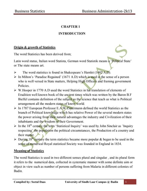 Business Statistics Notes for Business and Commerce Department
