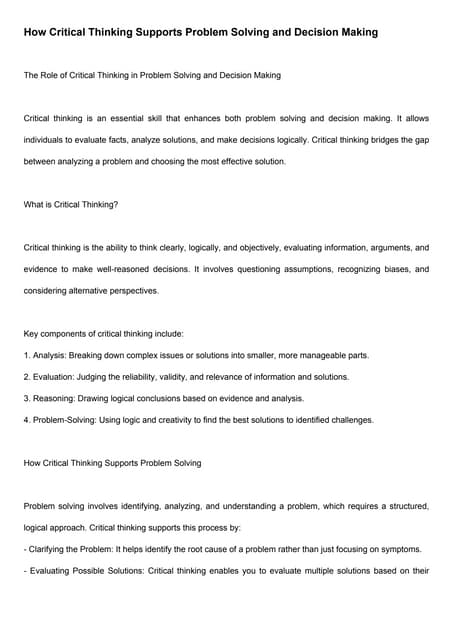 How does critical thinking relate to problem solving and decision making?