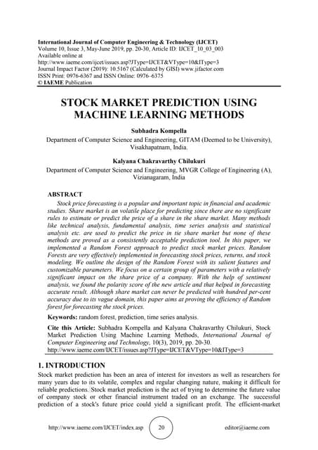 STOCK MARKET PREDICTION USING MACHINE LEARNING METHODS