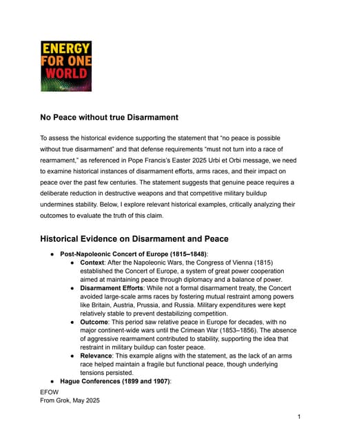 EFOW / No peace without true disarmament- as referenced in Pope Francis’s Eas...
