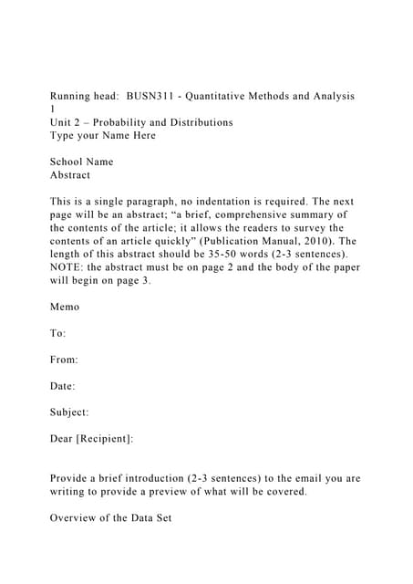 Running head  BUSN311 - Quantitative Methods and Analysis 1.docx