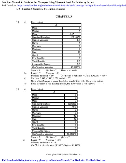 Solutions Manual for Statistics For Managers Using Microsoft Excel 7th Editio...