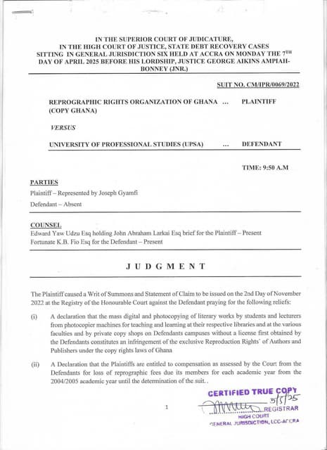 UPSA JUDGEMENT.pdfCopyright Infringement: High Court Rules against UPSA: A Wa...