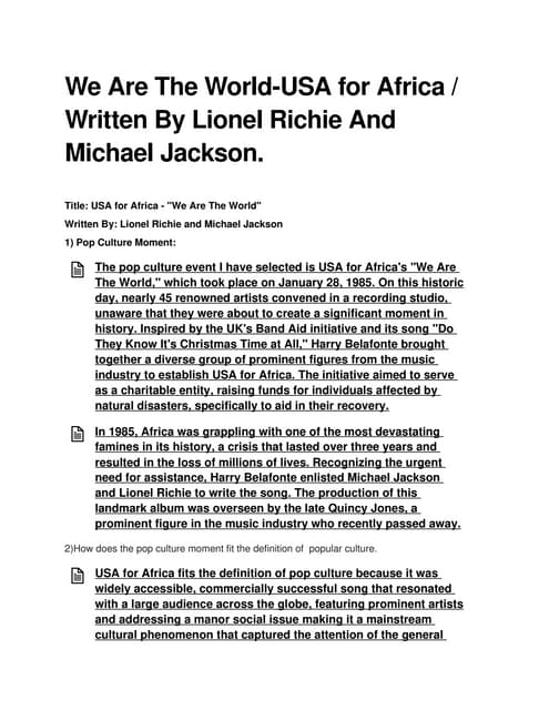 We Are The World-USA for Africa : Written By Lionel Richie And Michael Jackso...